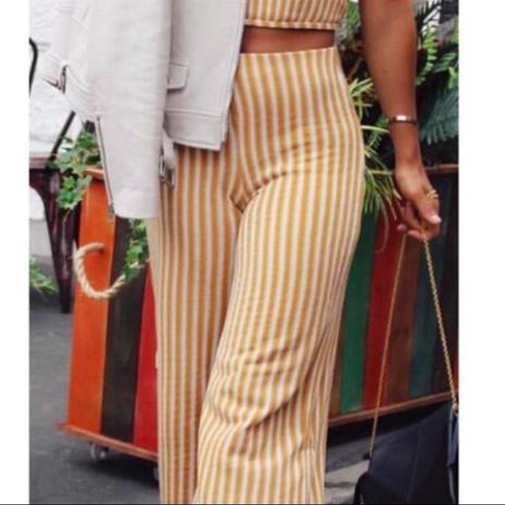 Zara Trafaluc Women’s Mustard & White Ocher Striped Knit Culottes Cropped Pants - Picture 3 of 10